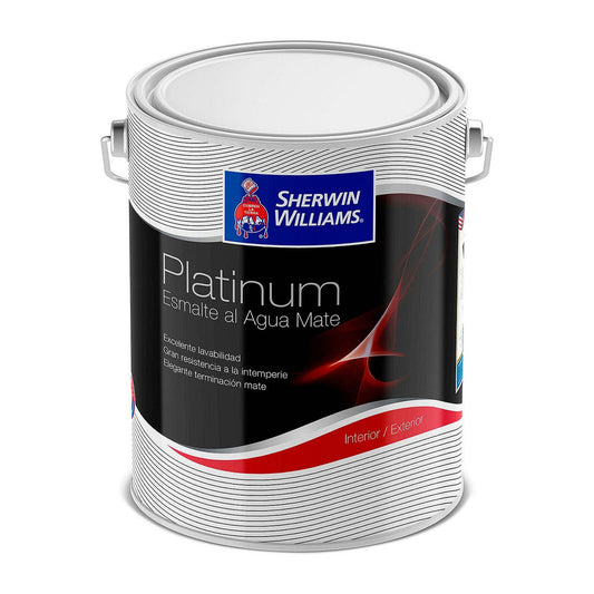 Sherwin-Williams Esmalte al Agua Platinum Mate - envase original sobre fondo blanco