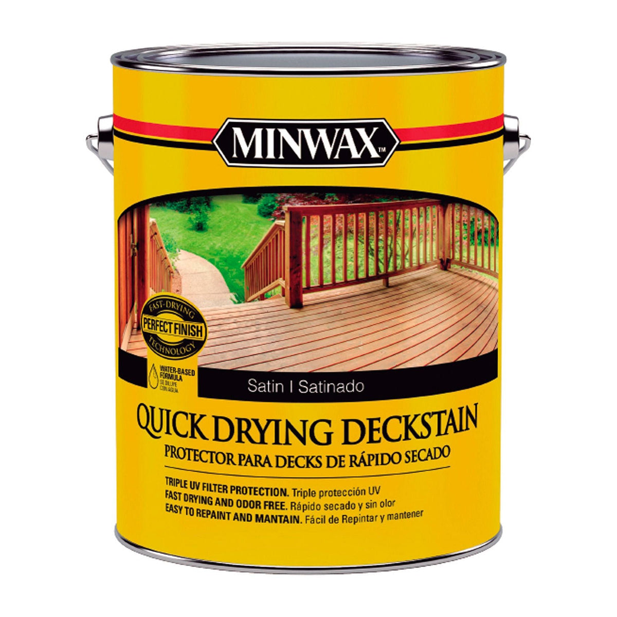 MINWAX Quick Drying Deckstain Satinado - envase original sobre fondo blanco