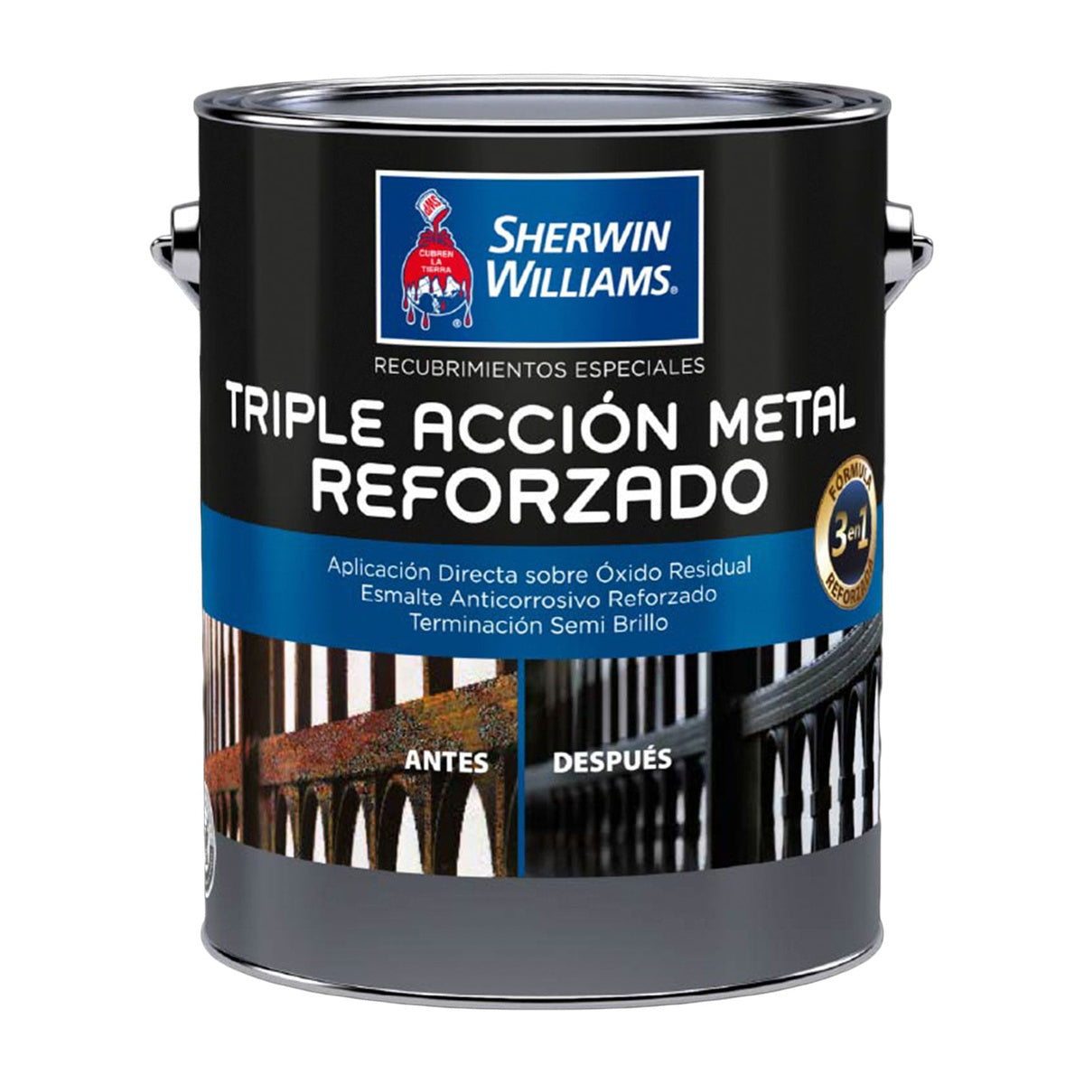 Sherwin-Williams Triple Acción Metal Reforzado - envase original sobre fondo blanco